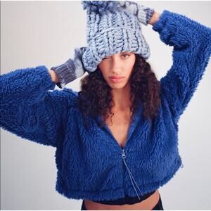 BDG Cobalt Blue Cropped Sherpa Hoodie Faux Fur Teddy Jacket-Size XL